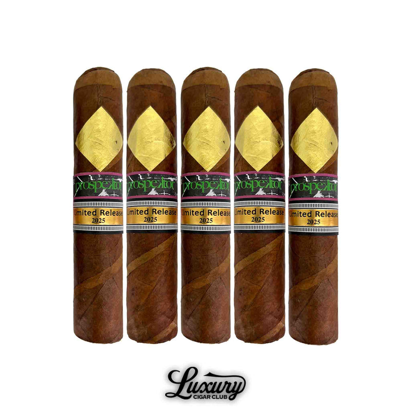 Luxury Cigar Club five pack of Cavalier Genève Prospektor Limited Release 2025 cigars standing upright showcasing gold foil tops barber pole style leaf pattern and limited edition 2025 bands