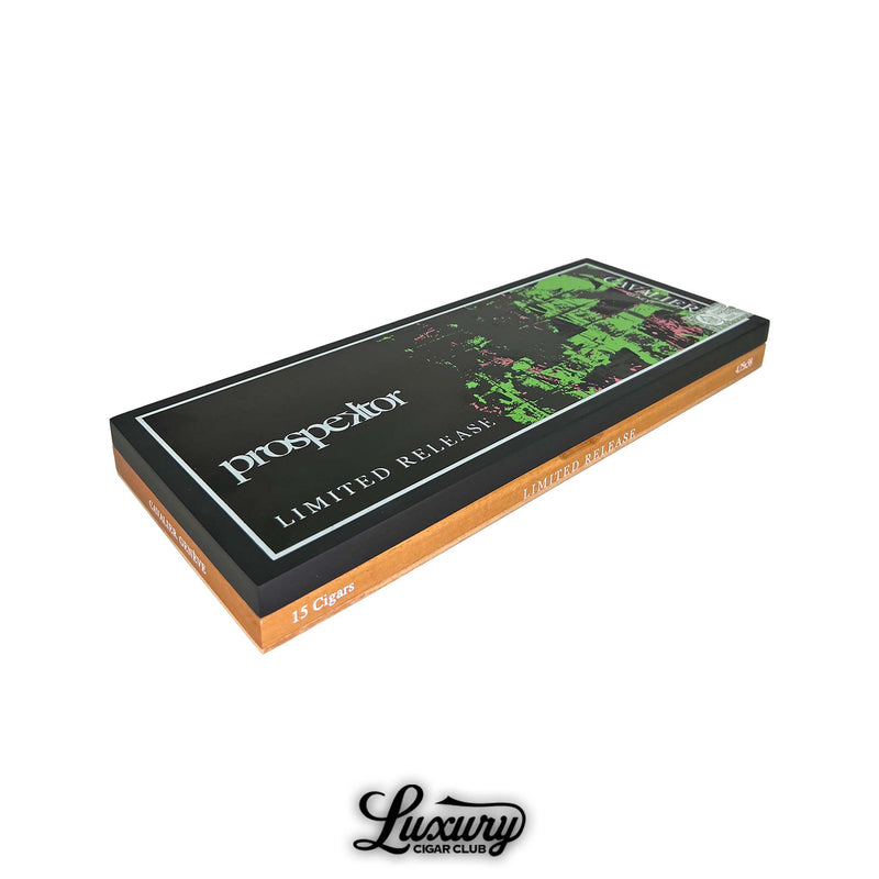 Luxury Cigar Club Cavalier Genève Prospektor Limited Release 2025 box closed showing the sleek black and copper packaging with green artwork and fifteen count labeling