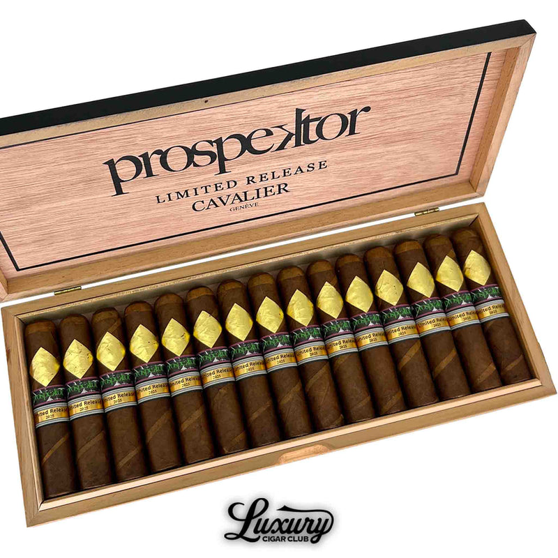 Luxury Cigar Club close up of Cavalier Genève Prospektor Limited Release 2025 cigars highlighting the gold foil diamond tops rich brown wrapper and detailed limited release bands