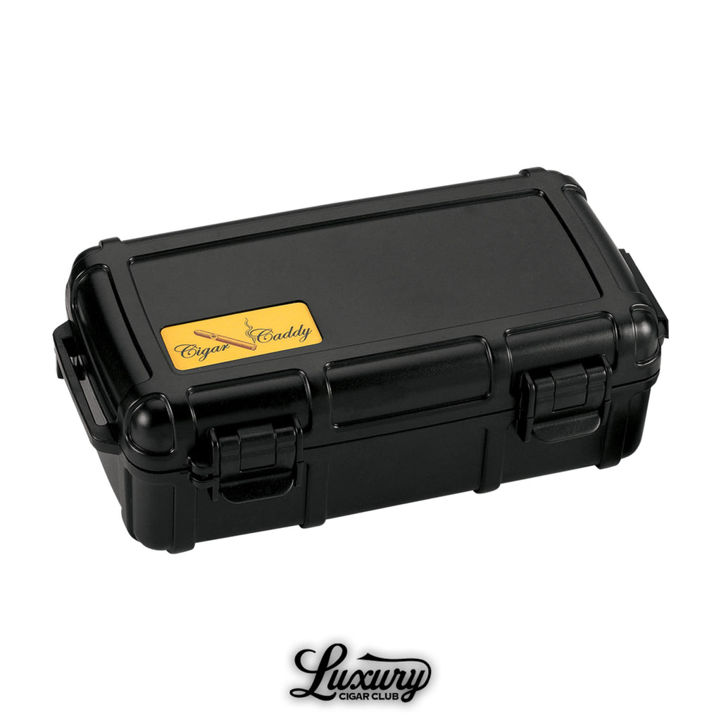 Black Cigar Caddy 10 Count Travel Humidor closed with yellow logo available at Luxury Cigar Club