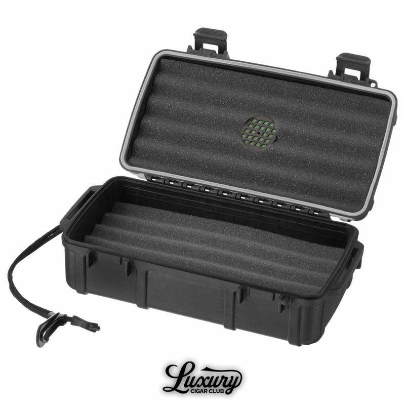 Open Black Cigar Caddy 10 Count Travel Humidor with foam interior and humidifier at Luxury Cigar Club