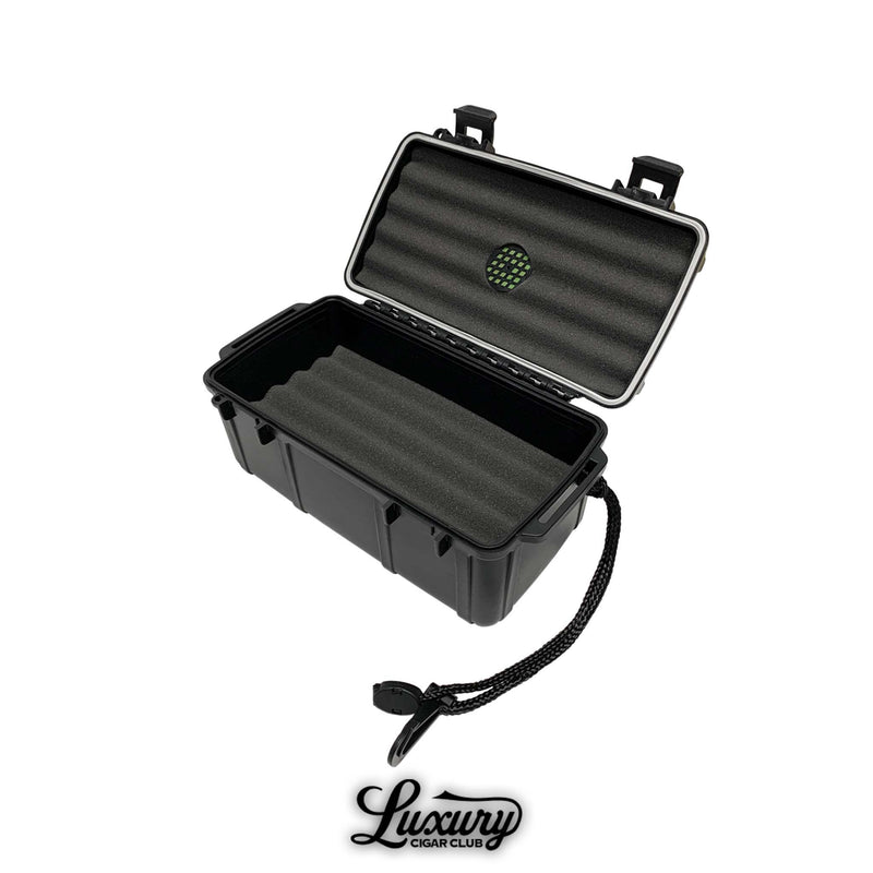 Open Cigar Caddy 15 count travel humidor with black protective foam interior shown empty Luxury Cigar Club