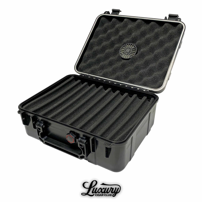 Luxury Cigar Club Cigar Caddy 40 count black travel humidor open showing foam-lined interior for cigar protection.