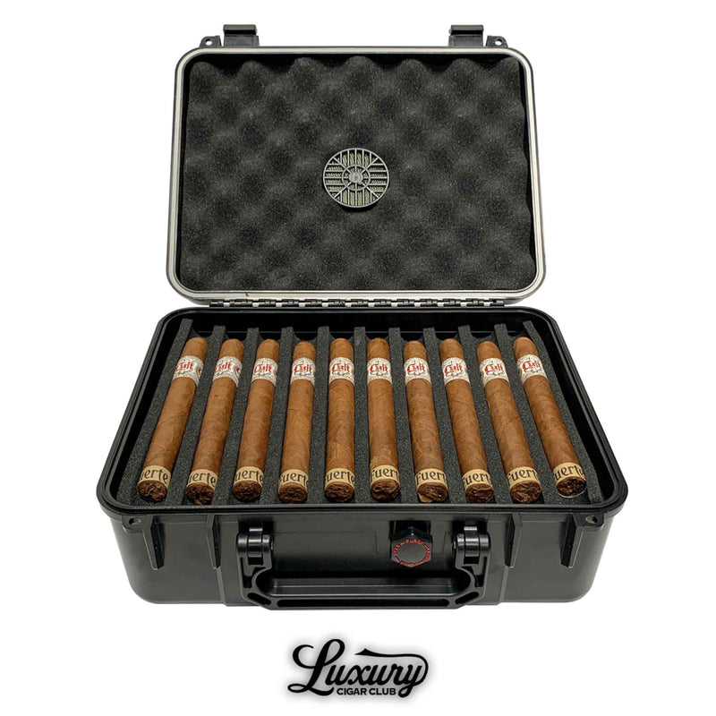Luxury Cigar Club Cigar Caddy 40 count black travel humidor open with rows of premium cigars neatly stored inside.