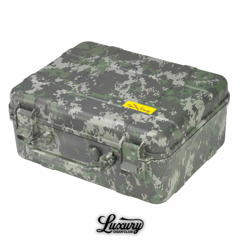 Luxury Cigar Club Cigar Caddy 40 count travel humidor in digital forest camouflage design with secure latches and carry handle.