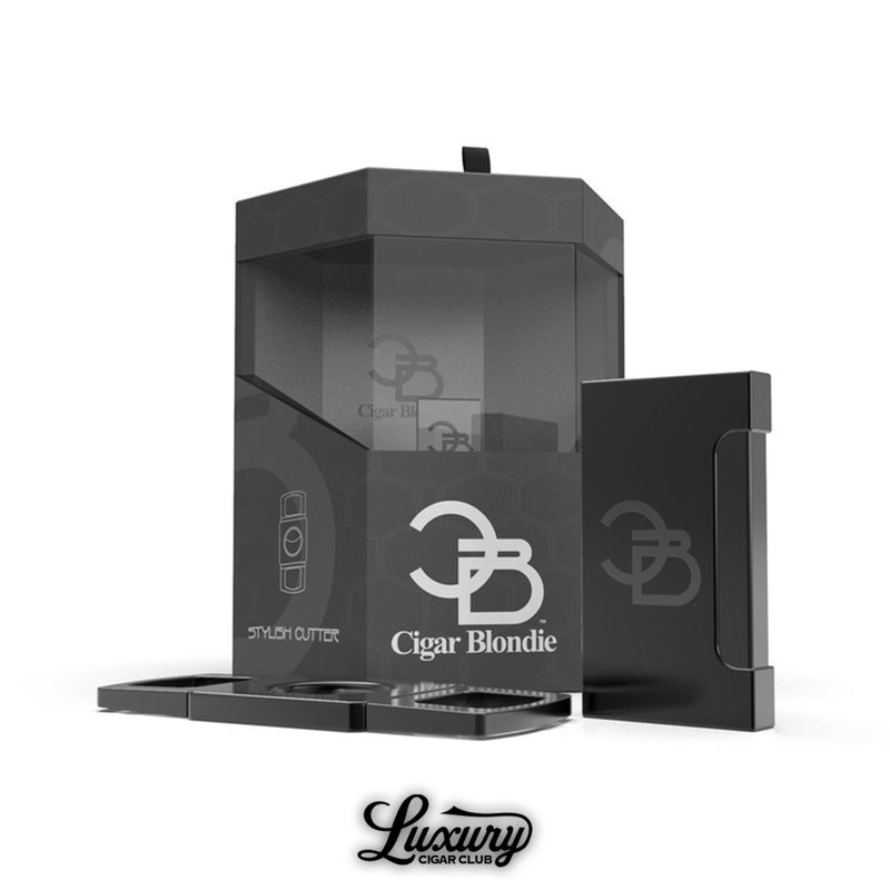 Black Cigar Blondie lighter and cutter collection set presented with packaging at Luxury Cigar Club