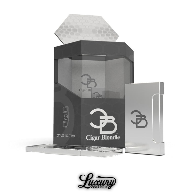 Chrome Cigar Blondie lighter and cutter collection set displayed with packaging at Luxury Cigar Club