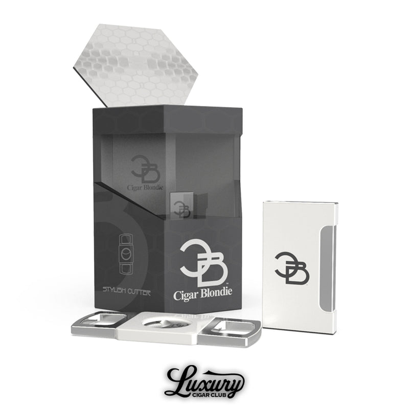 White Cigar Blondie lighter and cutter collection set shown with branded packaging at Luxury Cigar Club