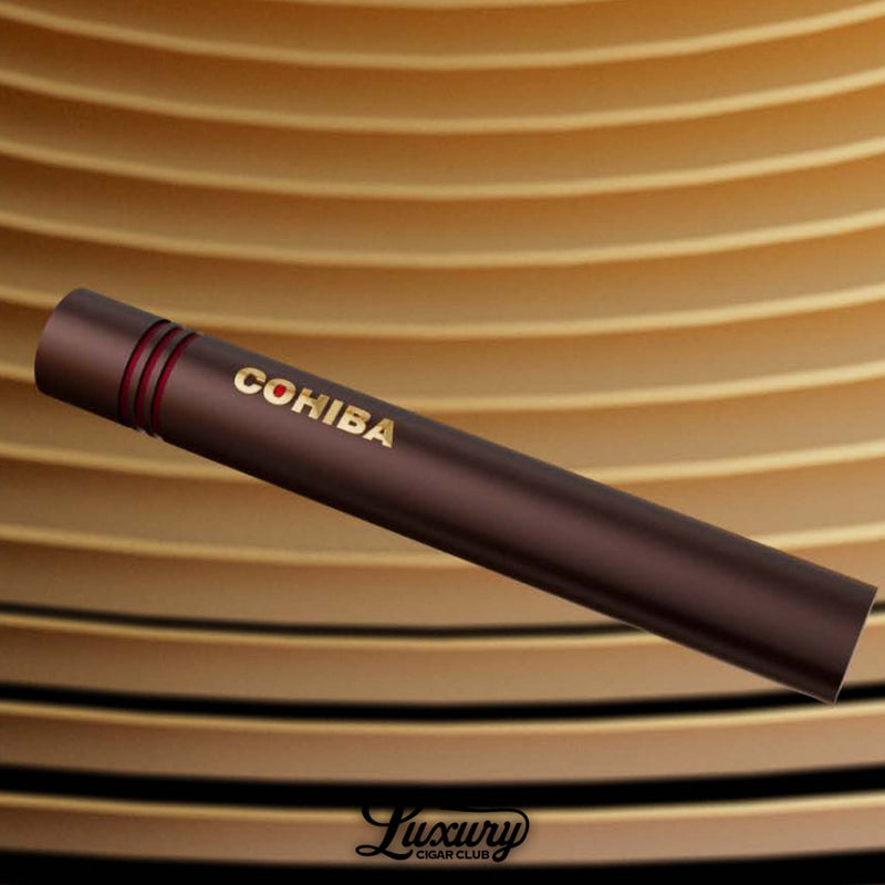 Luxury Cigar Club product photo close up of a single Cohiba C8 Churchill cigar tube with gold Cohiba on the body and red accent rings on matte brown tube for the 80 Years Cohiba release.