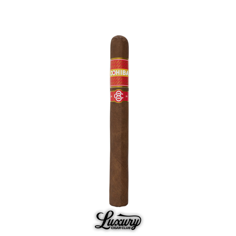 Luxury Cigar Club product photo of a single Cohiba C8 Churchill cigar with red and gold C8 anniversary band shot on white background.