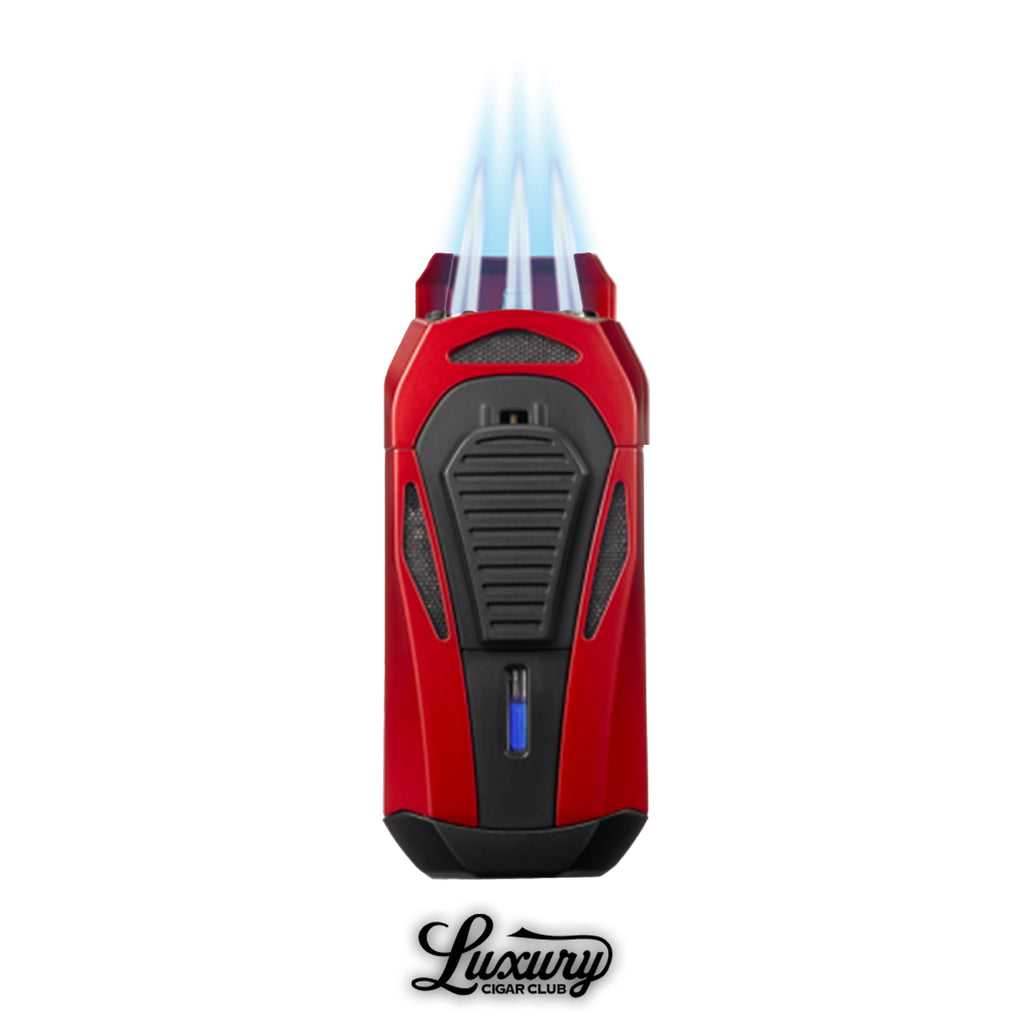 Red Colibri Boss triple flame torch lighter with visible triple jet flames from Luxury Cigar Club.