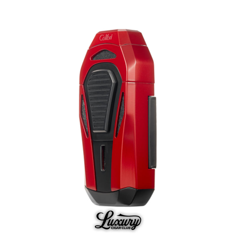 Side view of the red Colibri Boss triple flame torch lighter showing its sleek ergonomic design from Luxury Cigar Club.