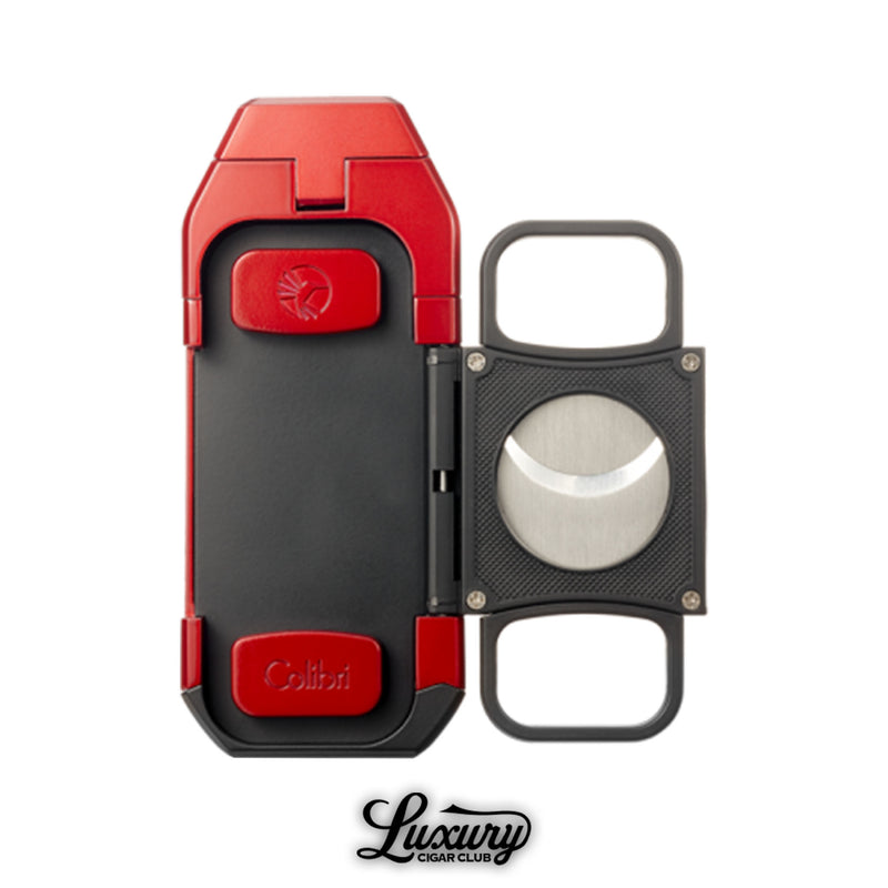 Colibri Boss red cigar cutter with dual guillotine blades partially open from Luxury Cigar Club.