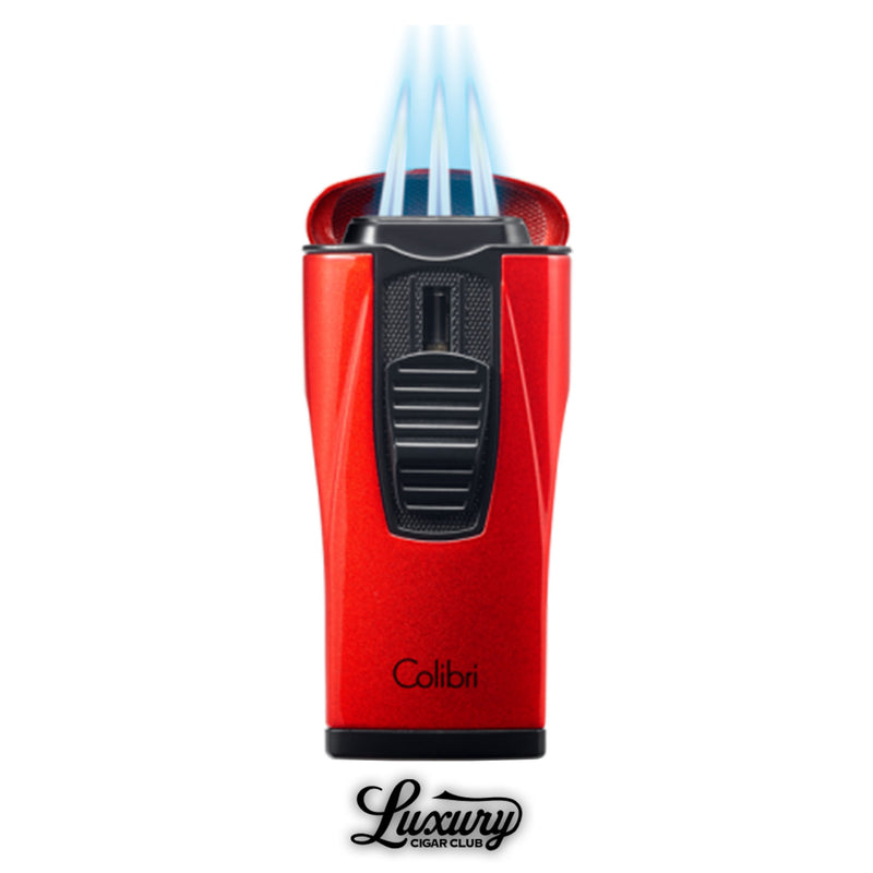 Red Colibri Moncao triple jet flame cigar lighter with blue torch flames from Luxury Cigar Club.