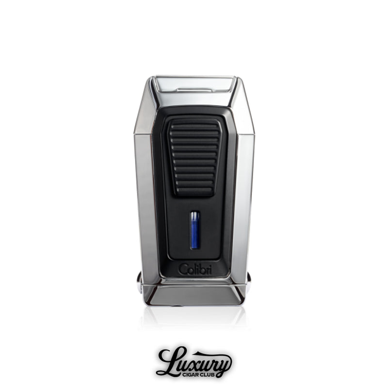 Colibri Quantum V-Cut triple jet flame lighter in chrome finish with v-cut cigar cutter from Luxury Cigar Club