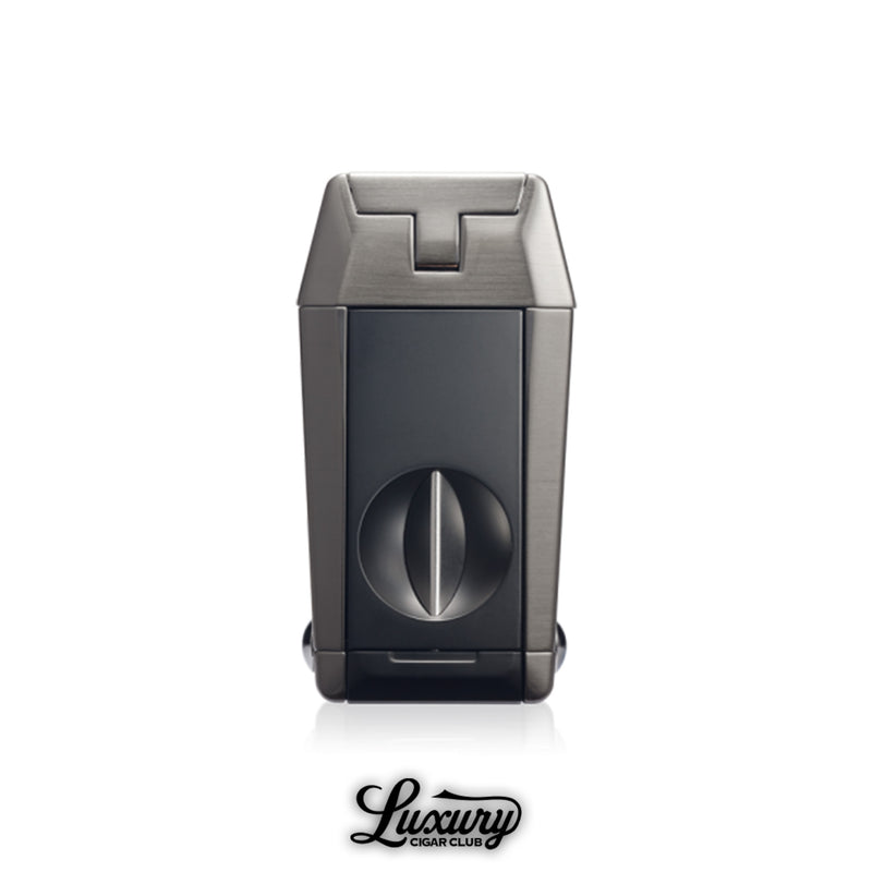 Colibri Quantum V-Cut triple jet flame lighter open showing integrated cigar cutter in gunmetal finish from Luxury Cigar Club