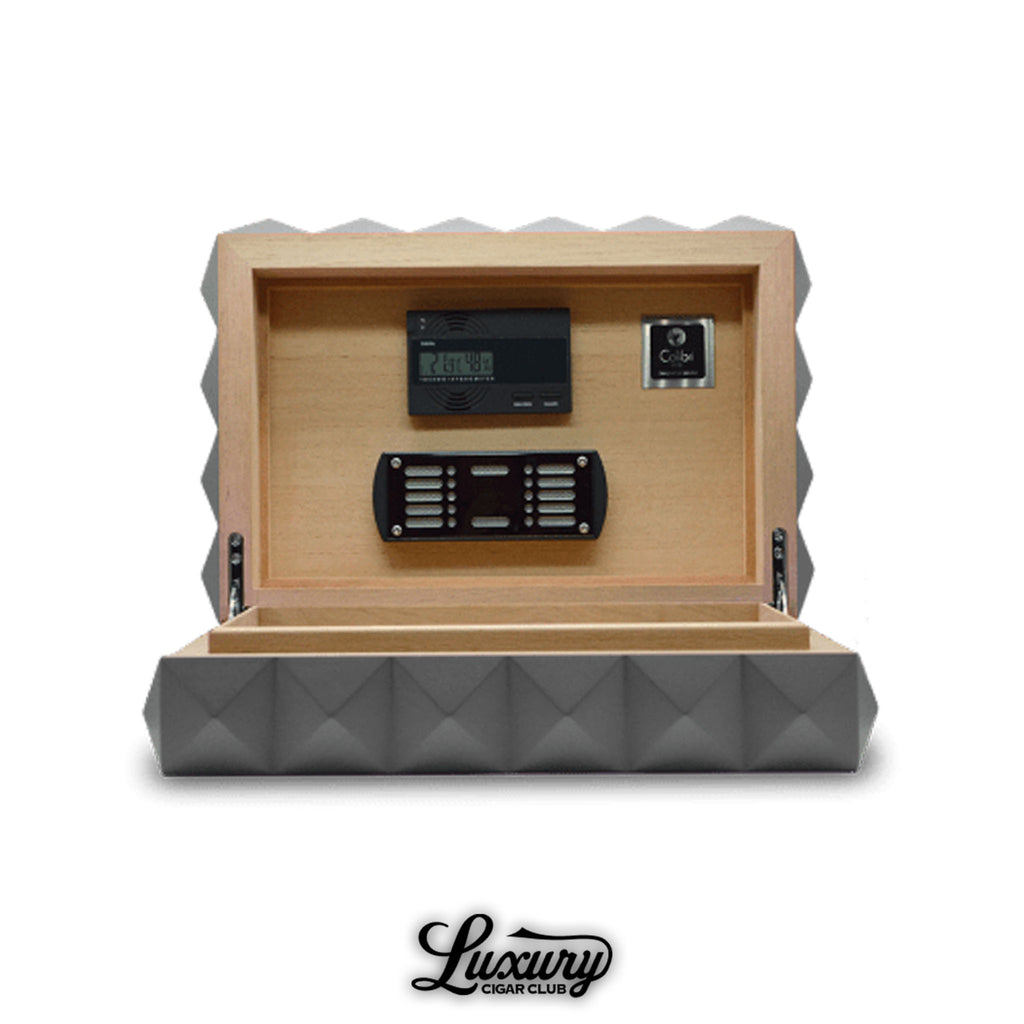Colibri Quasar Grey Humidor open interior with Spanish cedar hygrometer and humidification system from Luxury Cigar Club