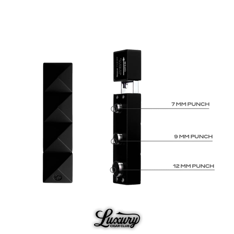 Colibri Quasar Punch Black by Luxury Cigar Club shown fully extended with all punch sizes displayed and the textured pyramid body visible.