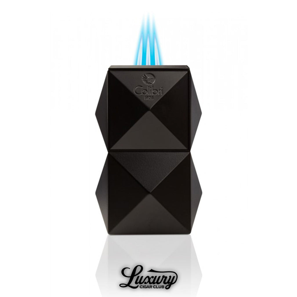 Colibri Quasar tabletop triple flame lighter in black with blue triple jet flame and pyramid pattern design sold by Luxury Cigar Club