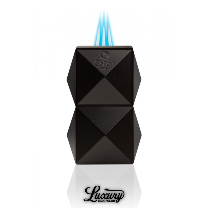 Colibri Quasar tabletop triple flame lighter in black with blue triple jet flame and pyramid pattern design sold by Luxury Cigar Club