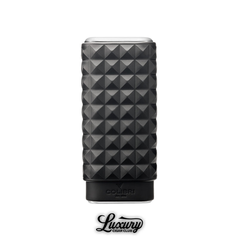 Luxury Cigar Club Colibri Quasar triple cigar case in matte black with geometric pyramid design standing upright
