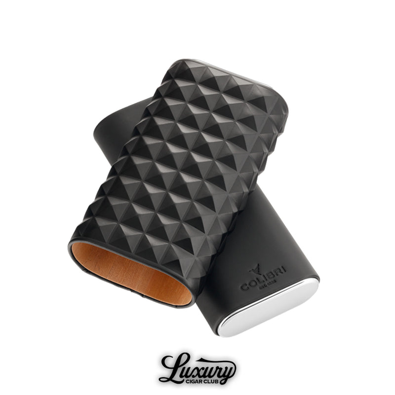 Luxury Cigar Club Colibri Quasar triple cigar case in black shown open with wooden interior and removable sleeve