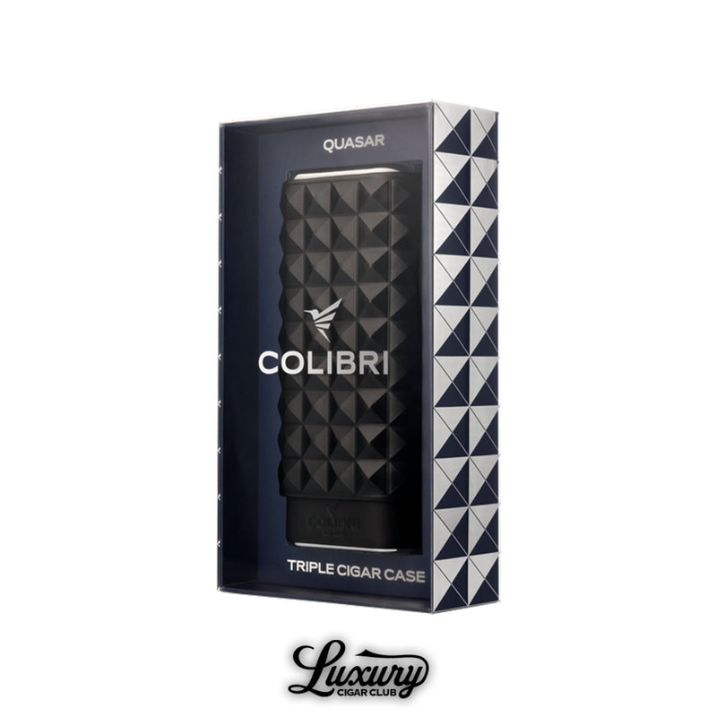 Luxury Cigar Club Colibri Quasar triple cigar case in black displayed in retail packaging with geometric patterned box