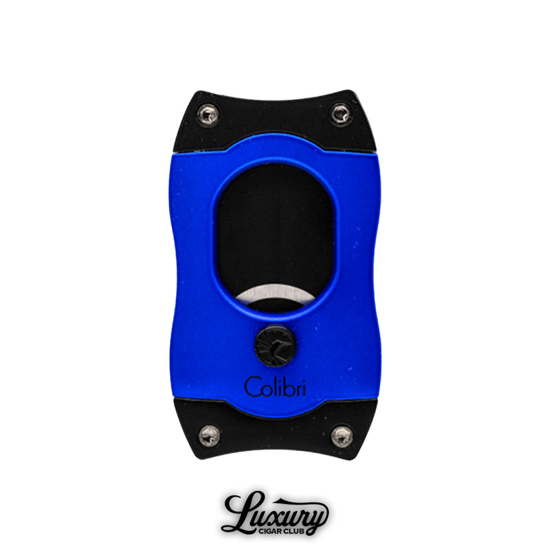 Luxury Cigar Club Colibri S-Cut cigar cutter in striking blue with black details.