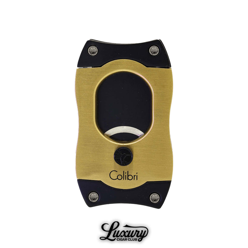 Luxury Cigar Club Colibri S-Cut cigar cutter in gold finish with modern design.
