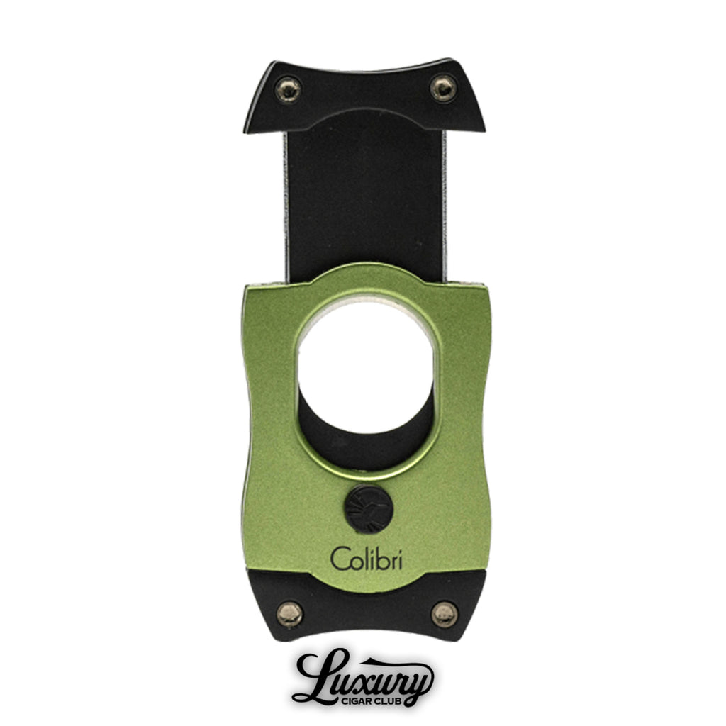 Luxury Cigar Club Colibri S-Cut cigar cutter in green shown with the blades extended.