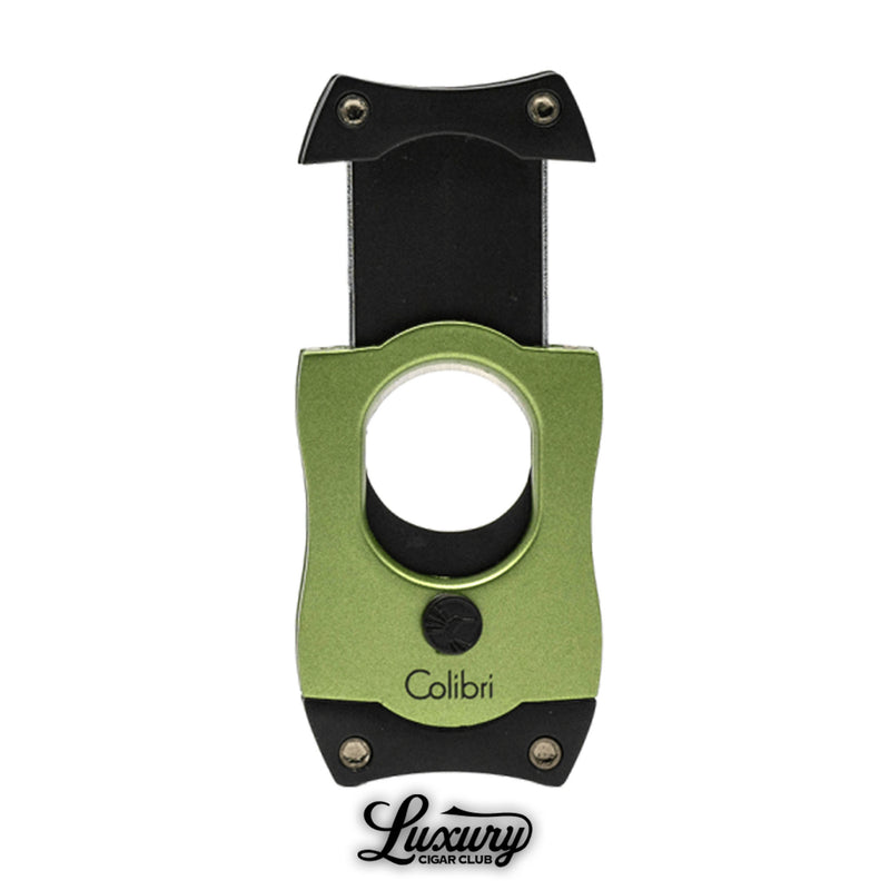 Luxury Cigar Club Colibri S-Cut cigar cutter in green shown with the blades extended.