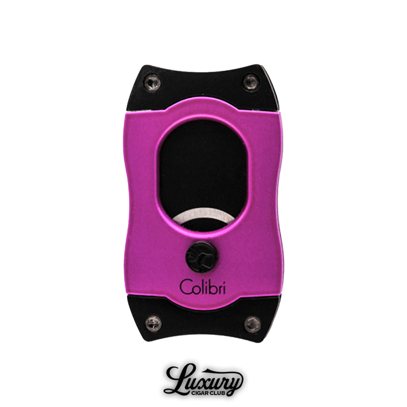 Luxury Cigar Club Colibri S-Cut cigar cutter in vibrant pink with a double-bladed design.