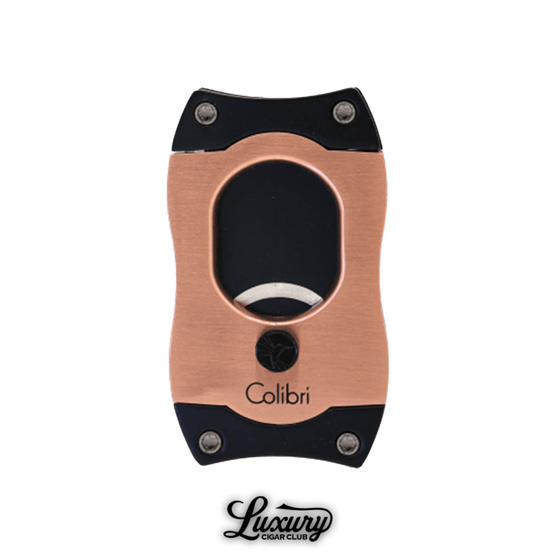 Luxury Cigar Club Colibri S-Cut cigar cutter in elegant rose gold with black trim.