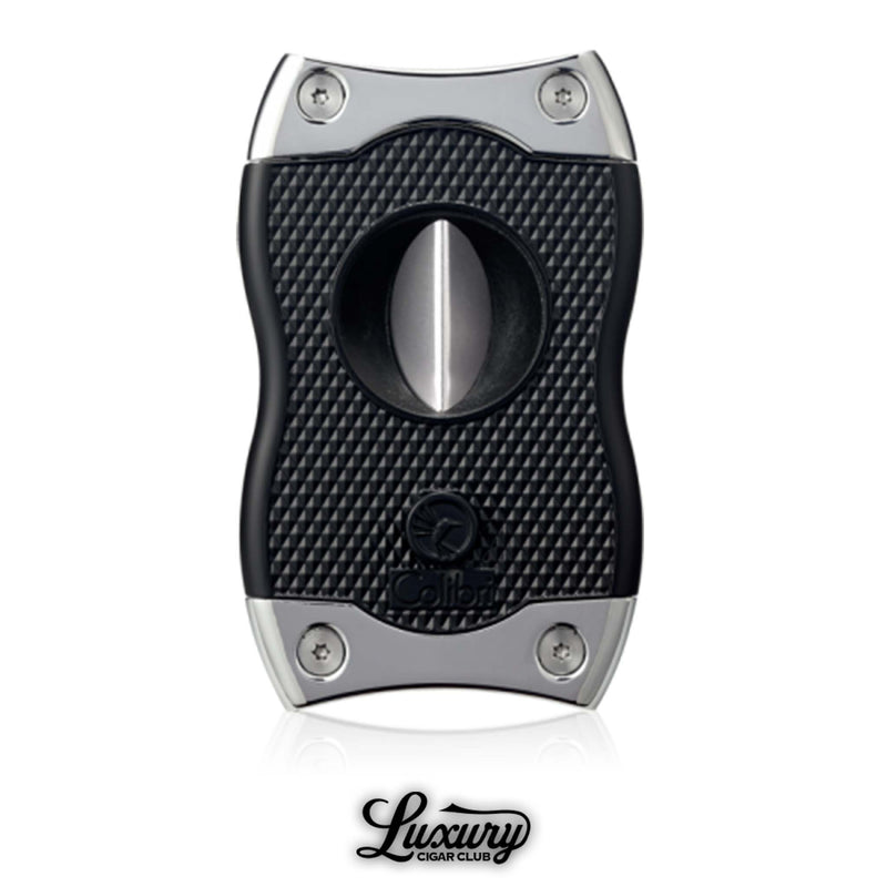 Colibri SV cigar cutter in black body with chrome accents, textured surface and dual blade functionality, displayed with Luxury Cigar Club branding.