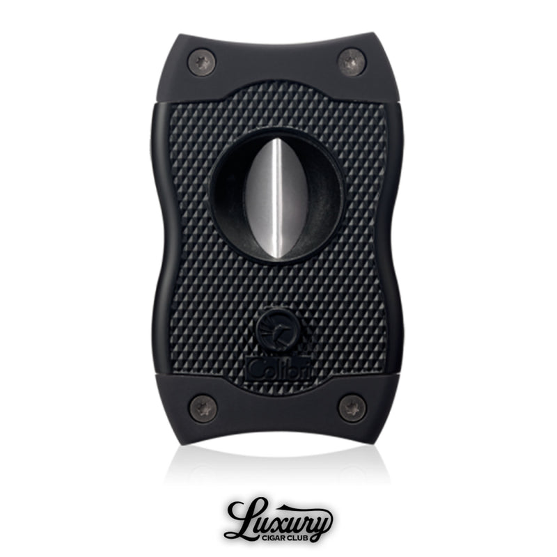 Matte black Colibri SV cigar cutter featuring ergonomic design and dual cutting system, Luxury Cigar Club logo at bottom.