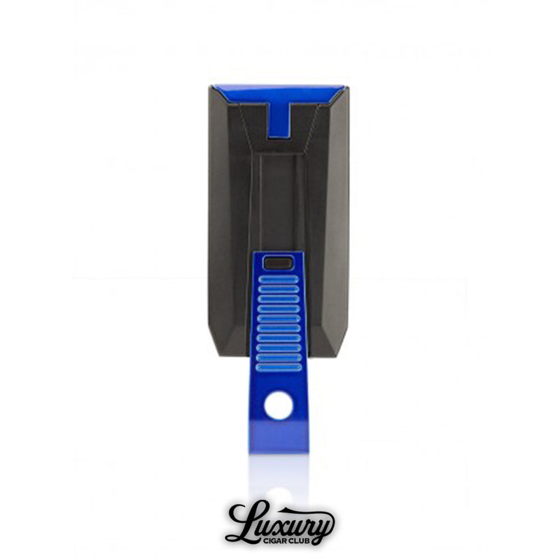 Colibri Slide double jet flame lighter in vibrant blue finish shown open with twin flames.
