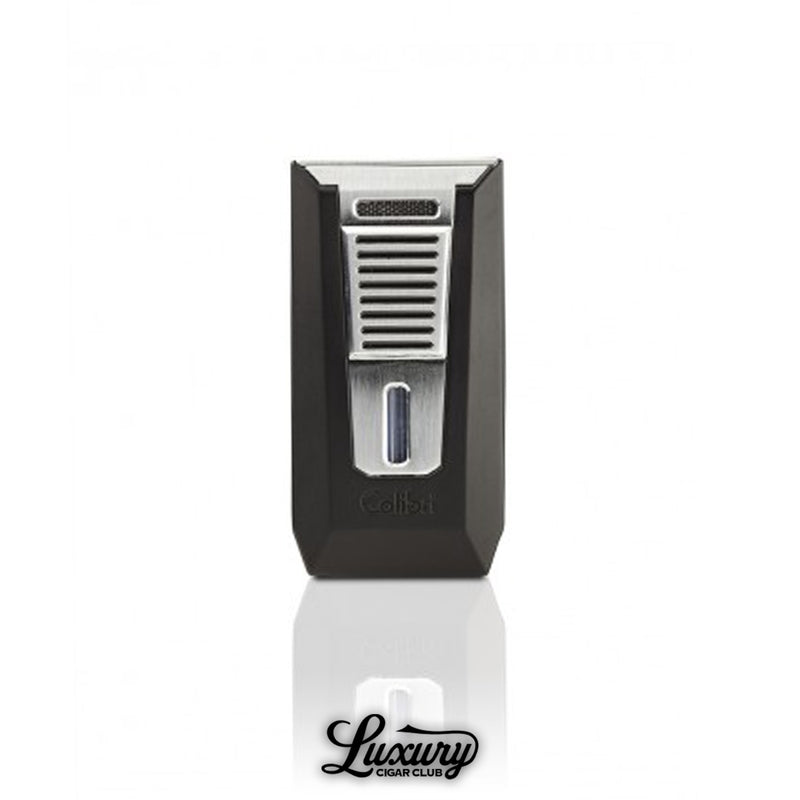 Colibri Slide double jet flame lighter in chrome finish featuring fuel window and ignition slider.