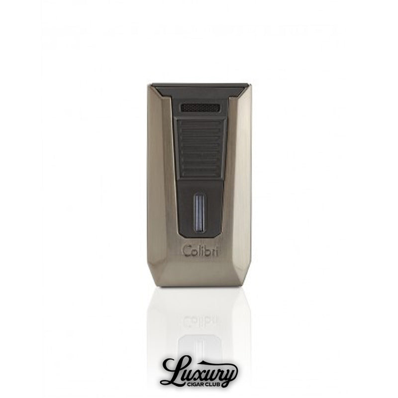 Colibri Slide double jet flame lighter in sleek gunmetal finish with dual jet torches.