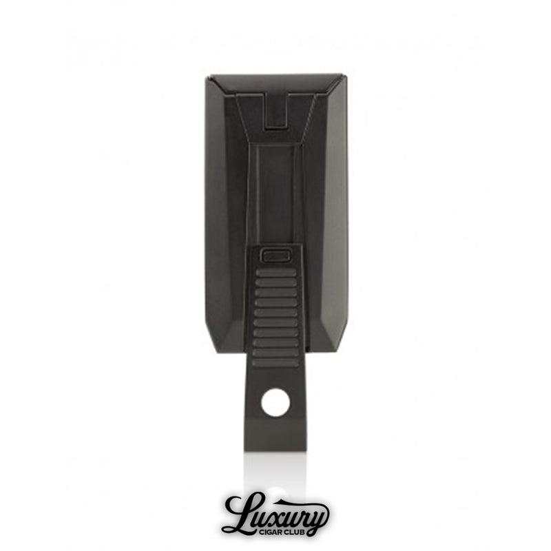 Colibri Slide double jet flame lighter in matte black finish shown open with ignition slider design.