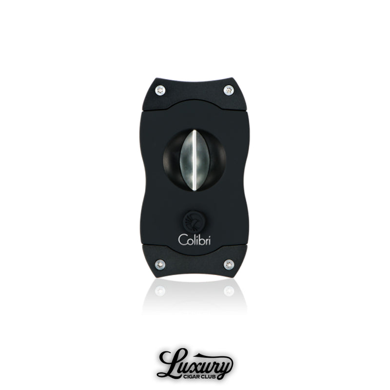 Modern Colibri V-Cut cigar cutter in an all-black design, featuring a durable body and precision V-shaped blade, cigar accessory highlighted with Luxury Cigar Club branding.