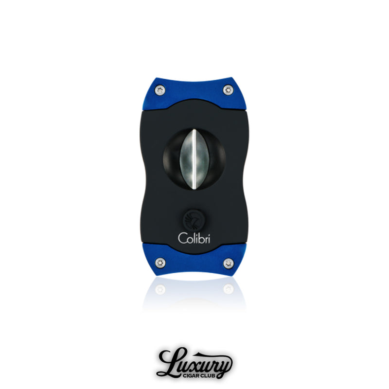 Sleek Colibri V-Cut cigar cutter in black with blue trim, compact closed design with stainless steel V-blade visible, premium cigar accessory, shown with Luxury Cigar Club logo.
