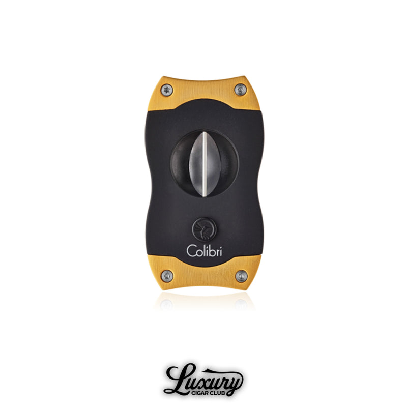 Elegant Colibri V-Cut cigar cutter in black with gold accents, showcasing premium design and precision V-cut blade, luxury cigar accessory with Luxury Cigar Club logo.