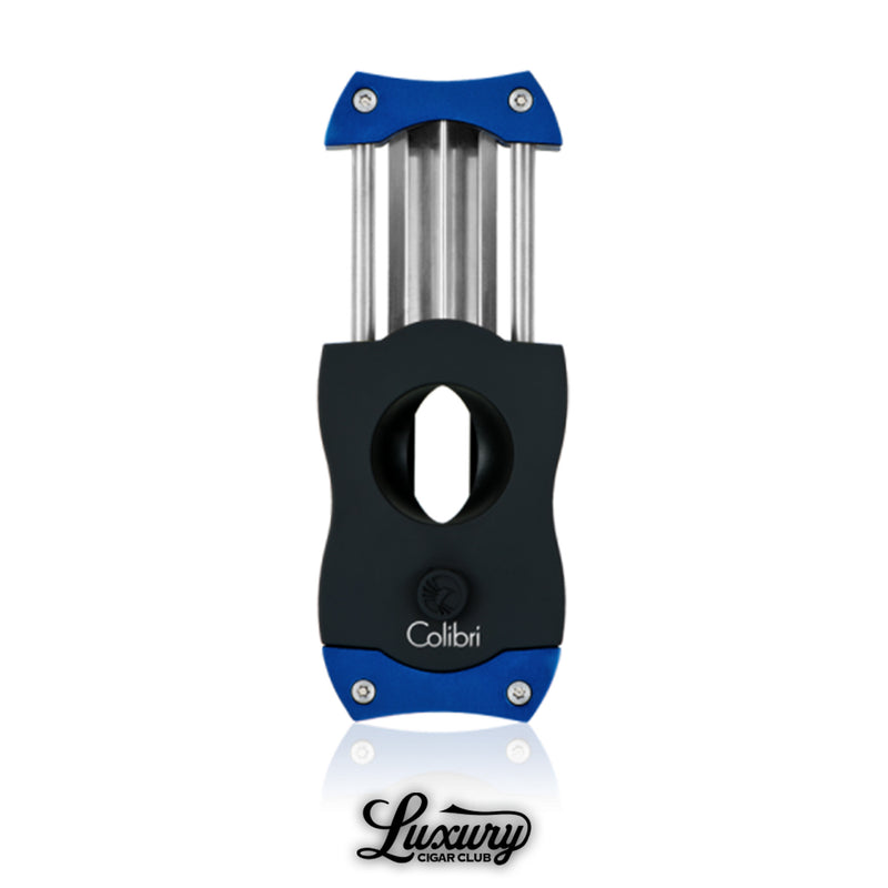 Premium Colibri V-Cut cigar cutter in black with blue accents, sharp stainless steel V-blades extended, designed for precision cigar cutting, displayed on a white background with Luxury Cigar Club logo.