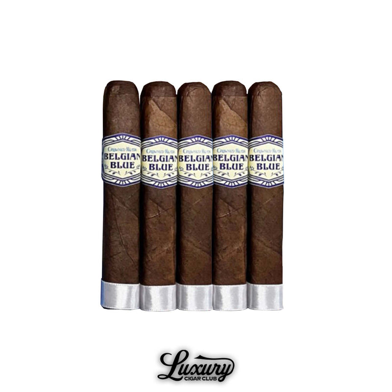 Five Crowned Heads Belgian Blue Double Robusto BP cigars with dark Maduro wrappers and blue-and-white bands arranged in a row, presented by Luxury Cigar Club.