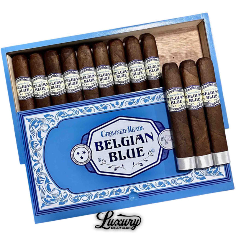 Close-up of Crowned Heads Belgian Blue Double Robusto BP cigars inside a decorative blue box featuring classic branding and rich brown wrappers, presented by Luxury Cigar Club.