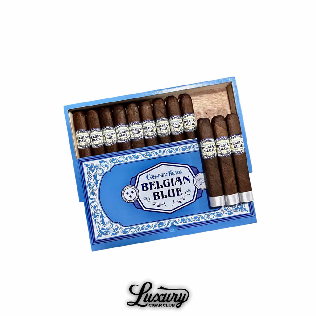 Crowned Heads Belgian Blue Double Robusto BP cigars neatly displayed in a light blue box with white and navy accents, showcasing Maduro wrappers and elegant blue-and-white bands, presented by Luxury Cigar Club.