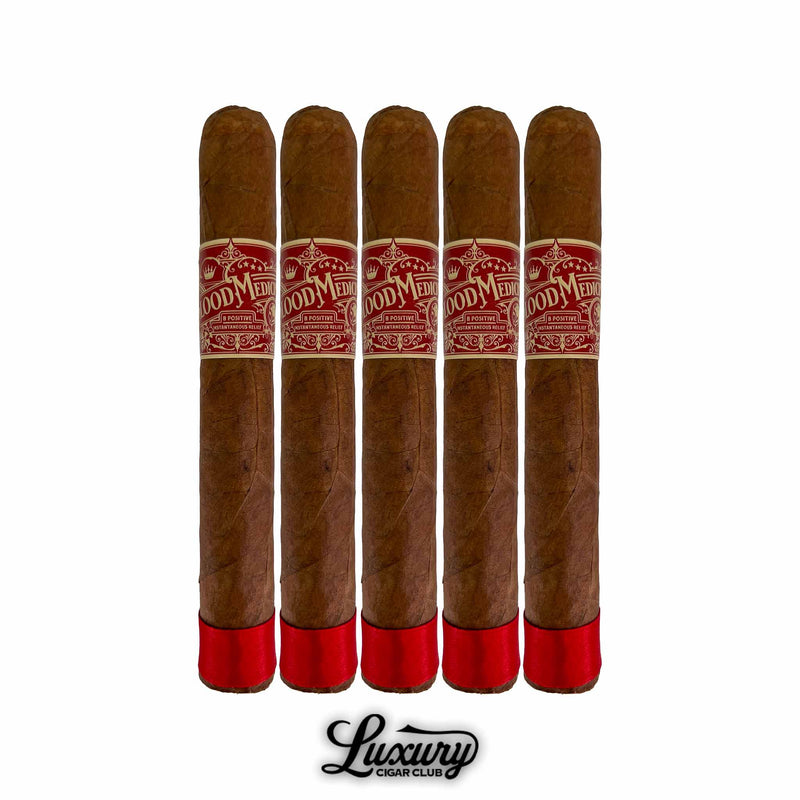 Five pack of Crowned Heads Blood Medicine B Positive Limited Edition Toro cigars with red foot bands at Luxury Cigar Club