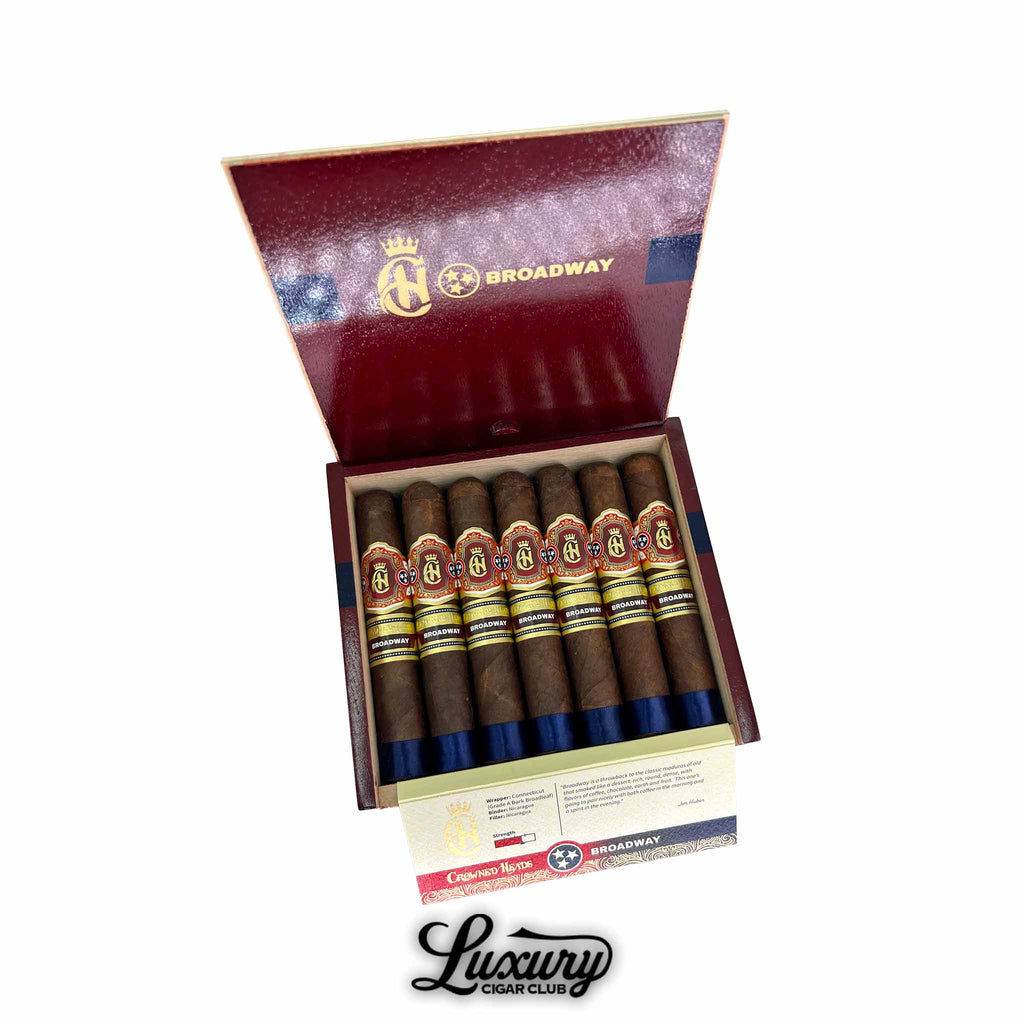 Open box of Crowned Heads Broadway Epicure cigars with Connecticut broadleaf wrapper, displayed by Luxury Cigar Club.