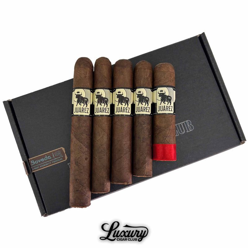 Close-up of Crowned Heads Juárez Bulls On Parade cigars with bold bull logo bands on a Luxury Cigar Club box.