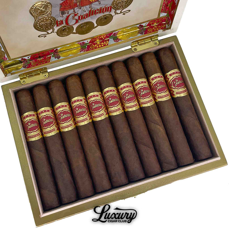 Close up view of Crowned Heads La Coalicion by Drew Estate Gordito cigars showing detailed red and gold bands inside the open box shot for Luxury Cigar Club